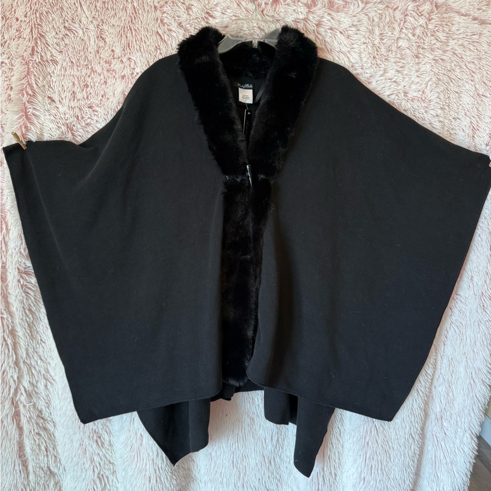 Lucky Brand Black Cape with Faux Fur Trim